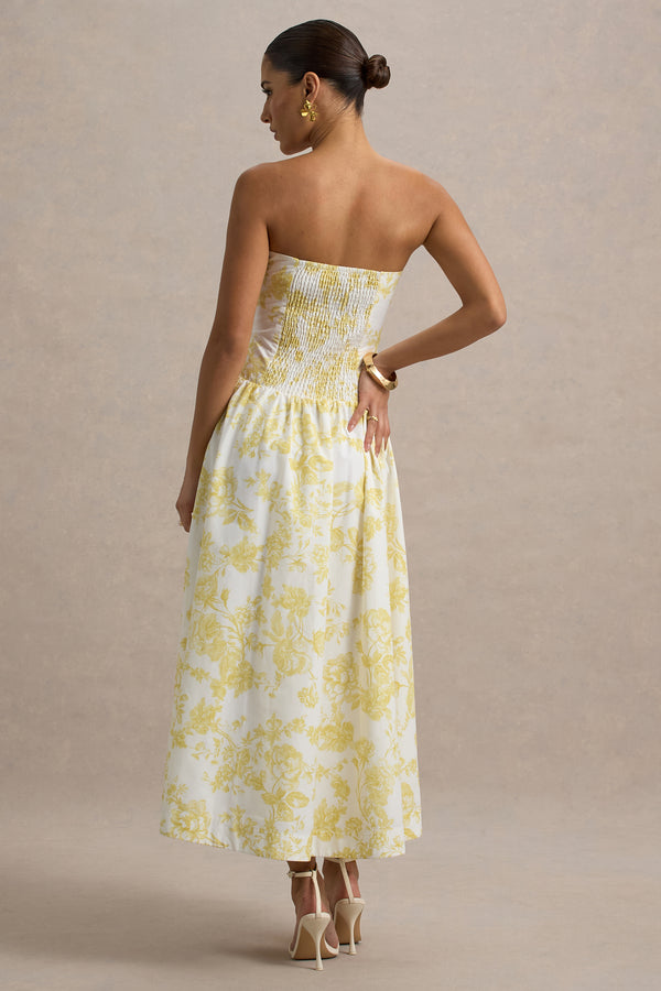 Club L Bluebell Lemon Porcelain Print Poplin Bandeau Drop-Waist Midi Dress