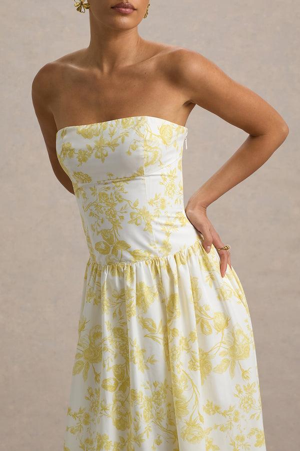 Club L Bluebell Lemon Porcelain Print Poplin Bandeau Drop-Waist Midi Dress