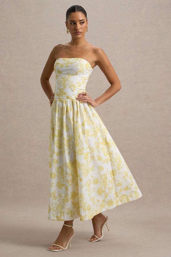 Club L Bluebell Lemon Porcelain Print Poplin Bandeau Drop-Waist Midi Dress