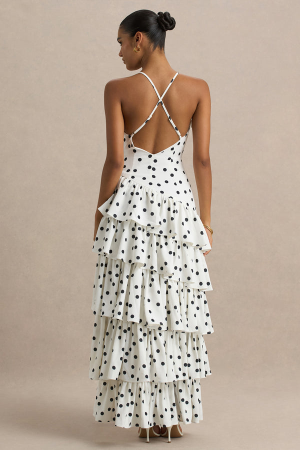 Club L Bogota Polka Dot Plunge-Neck Maxi Dress With Ruffling Details And Front High Split