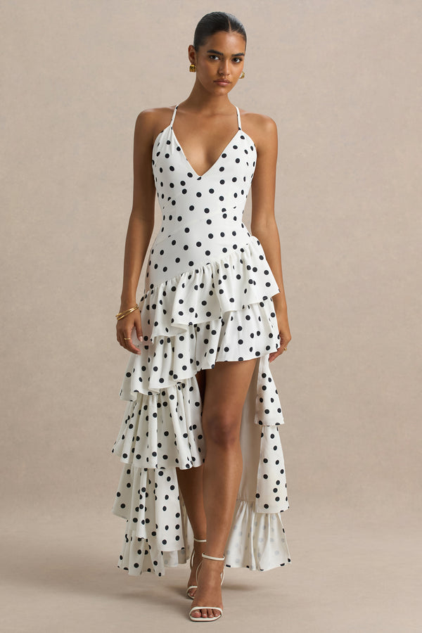 club l Bogota Polka Dot Plunge-Neck Maxi Dress With Ruffling Details And Front High Split