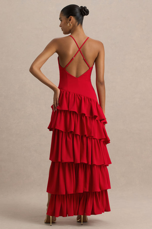 Club L Bogota Red Plunge-Neck Maxi Dress With Ruffling Details And Front High Split