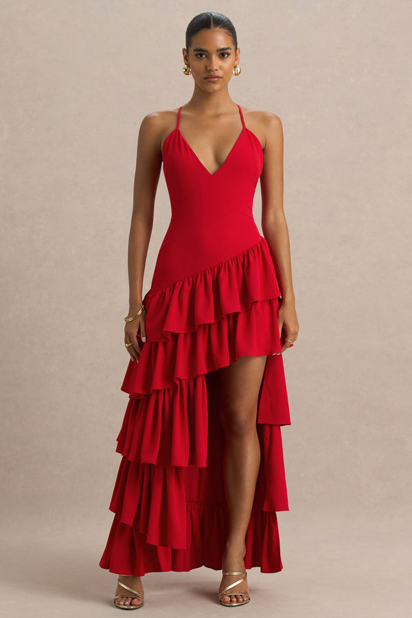 Club L Bogota Red Plunge-Neck Maxi Dress With Ruffling Details And Front High Split