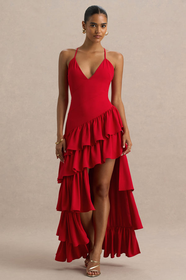 club l Bogota Red Plunge-Neck Maxi Dress With Ruffling Details And Front High Split