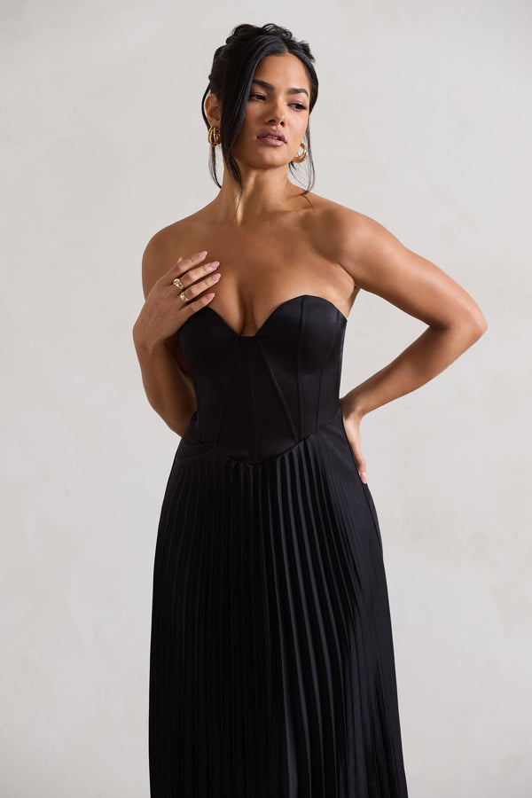 Club L Bordeaux Black Satin Corset Style Midi Dress