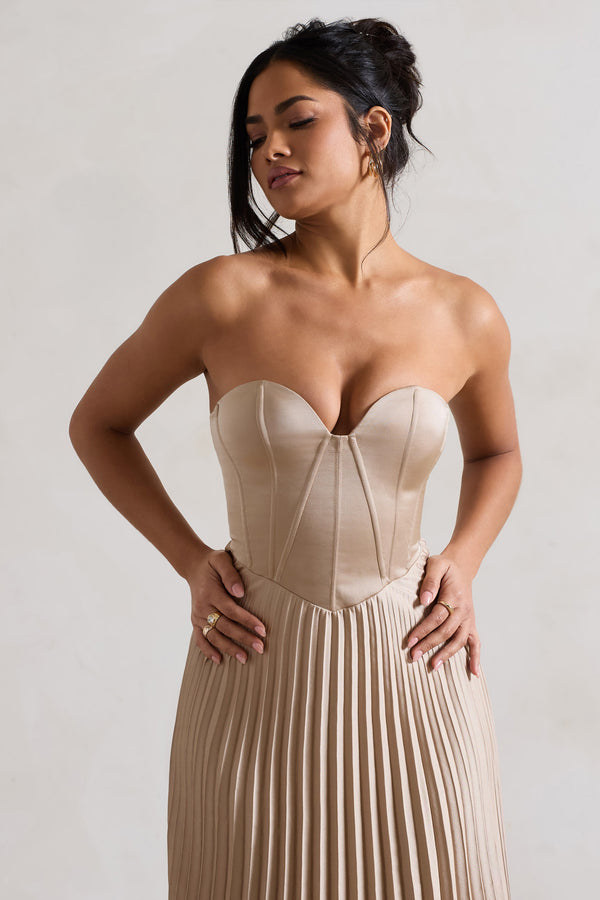 Club L Bordeaux Champagne Satin Corset Style Midi Dress