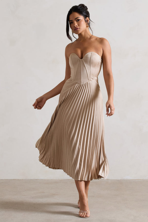 club l Bordeaux Champagne Satin Corset Style Midi Dress