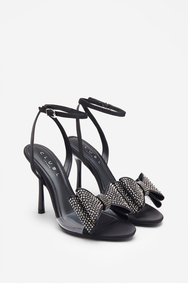 Club L Bowing Black Satin Heeled Sandals With Diamante Bows