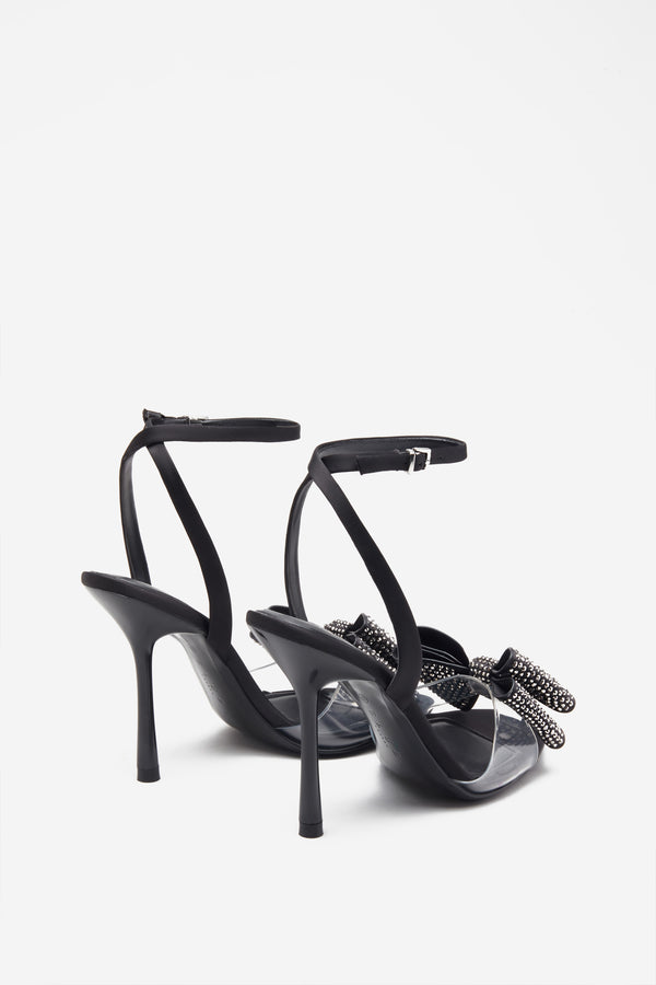 Club L Bowing Black Satin Heeled Sandals With Diamante Bows