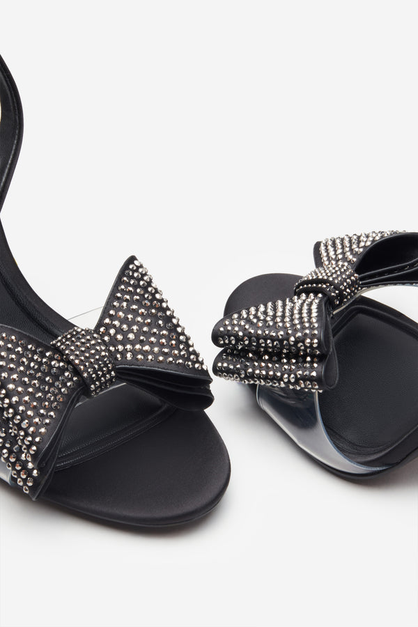 Club L Bowing Black Satin Heeled Sandals With Diamante Bows