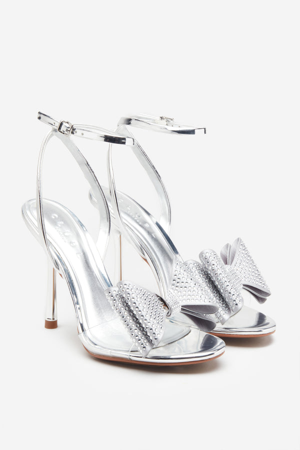 Club L Bowing Silver Metallic Heeled Sandals With Diamante Bows