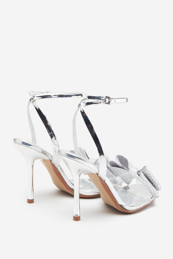 Club L Bowing Silver Metallic Heeled Sandals With Diamante Bows