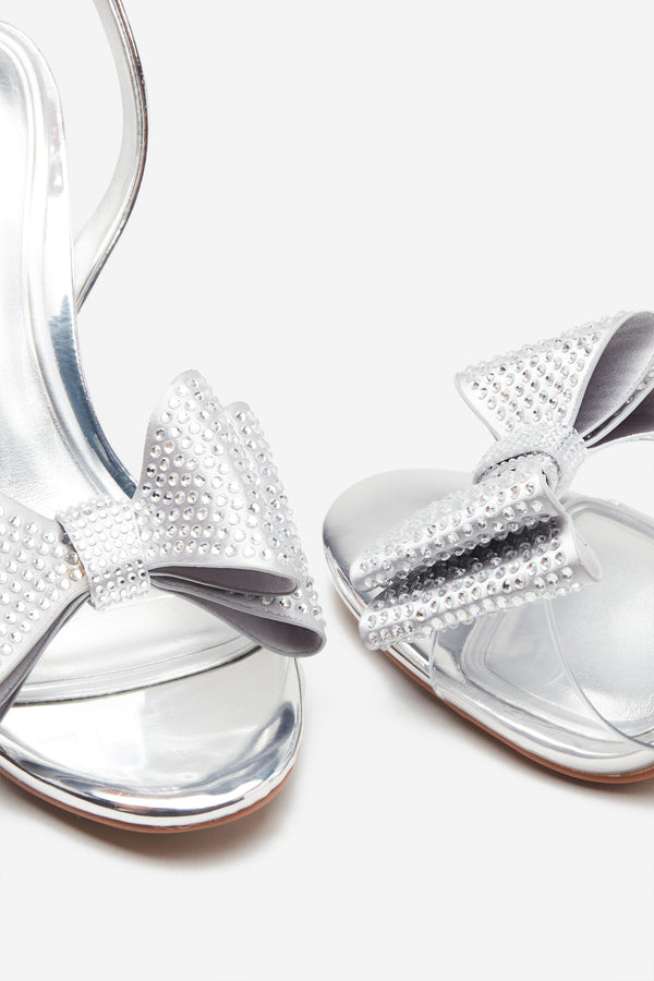 Club L Bowing Silver Metallic Heeled Sandals With Diamante Bows