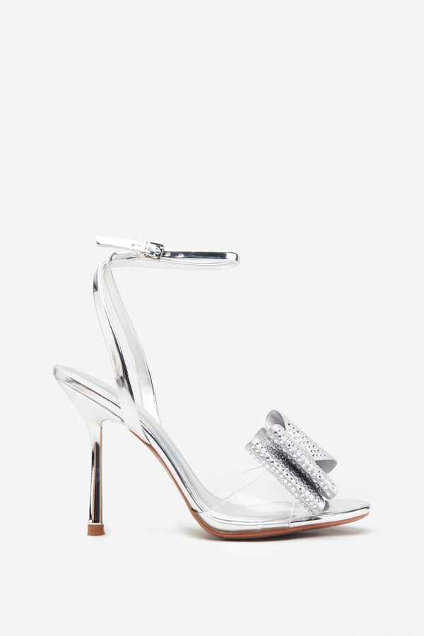 club l Bowing Silver Metallic Heeled Sandals With Diamante Bows