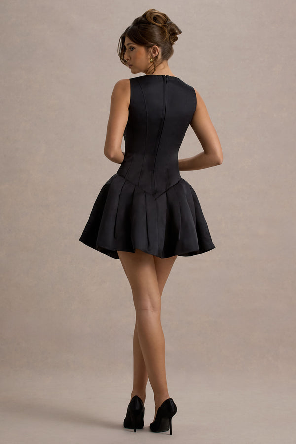 Club L Bramble Black Satin Square-Neck Puffball Mini Dress