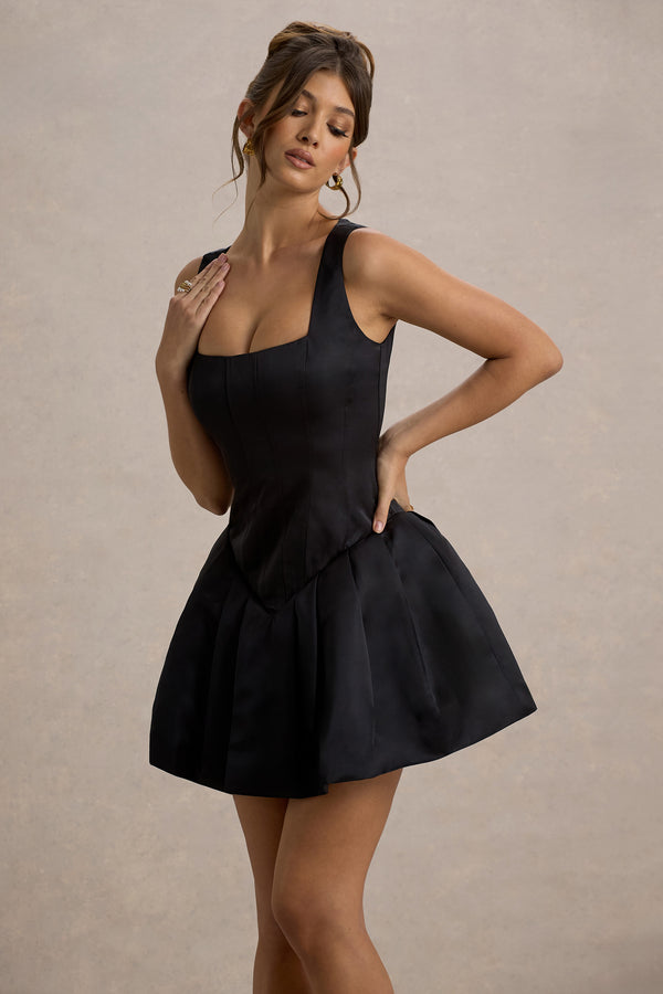 Club L Bramble Black Satin Square-Neck Puffball Mini Dress