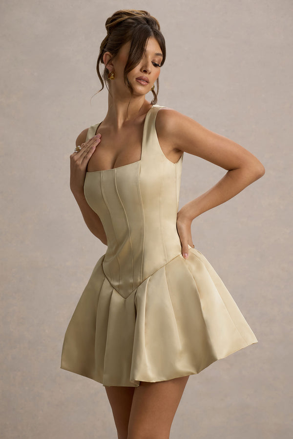 Club L Bramble Ivory Satin Square-Neck Puffball Mini Dress