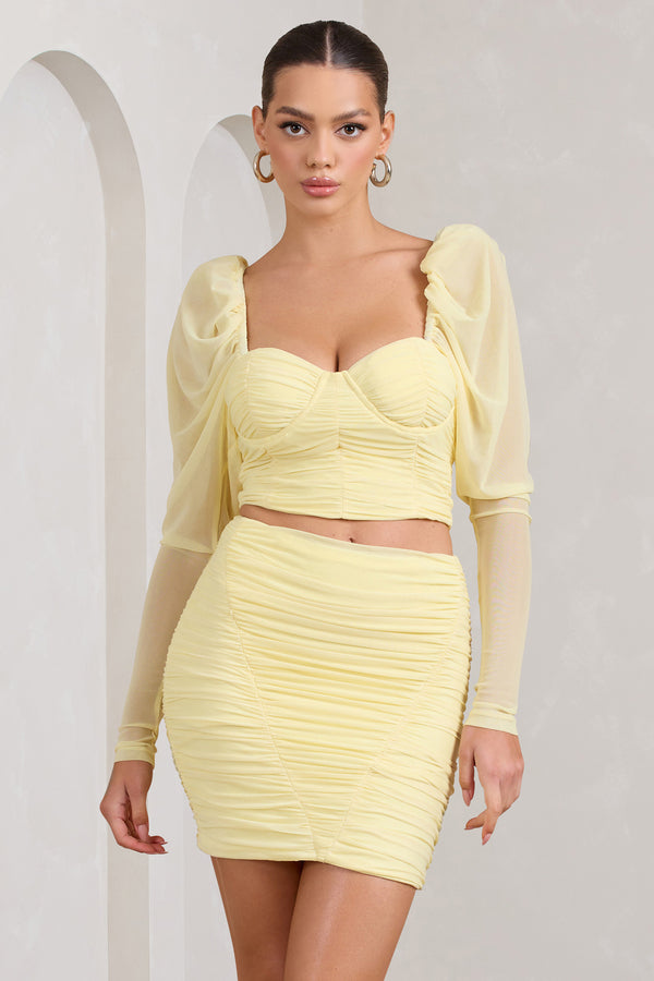 Club L Butterfly Yellow Puff Sleeve Ruched Crop Top