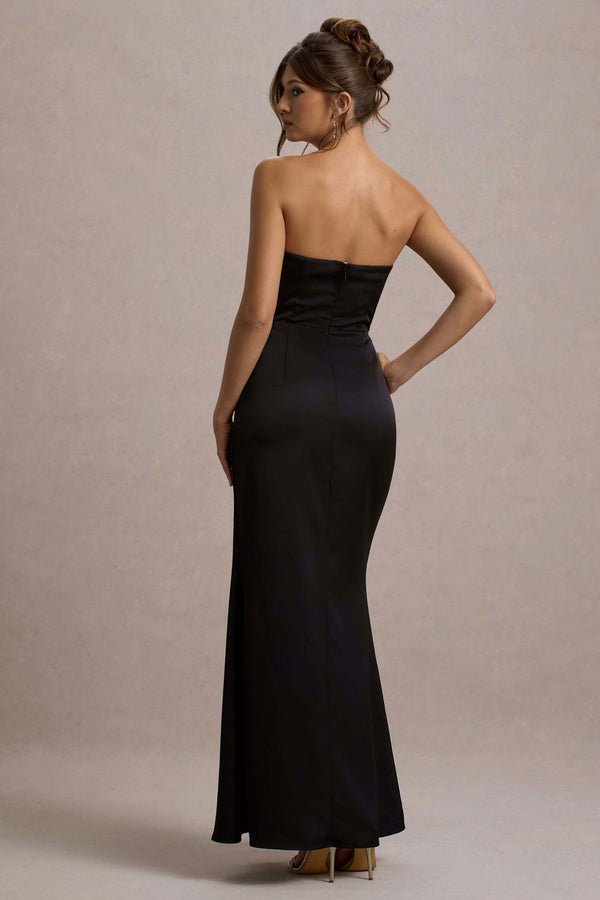 Club L Cairo Black Satin Strapless Draped Maxi Dress