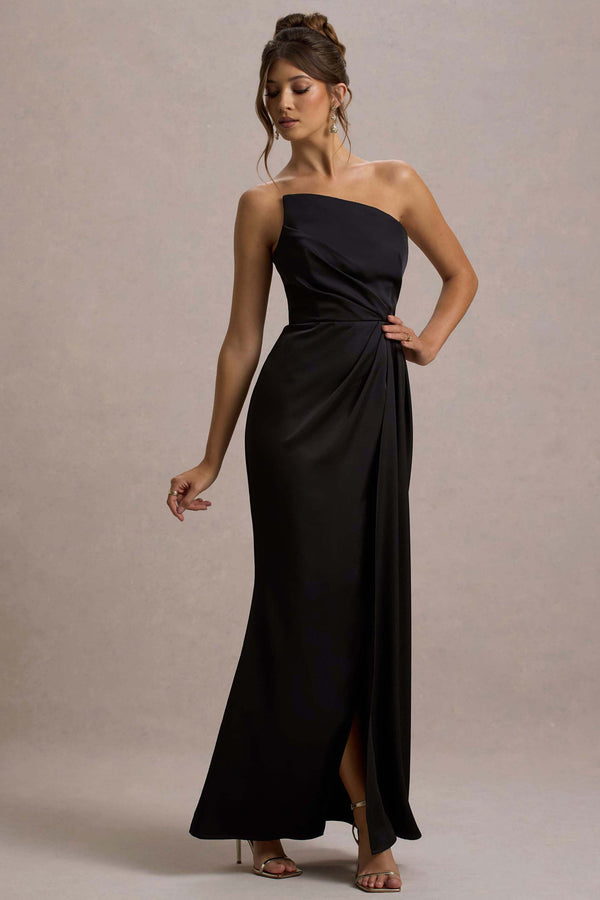 Club L Cairo Black Satin Strapless Draped Maxi Dress