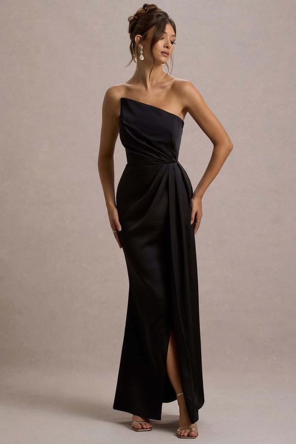 club l Cairo Black Satin Strapless Draped Maxi Dress