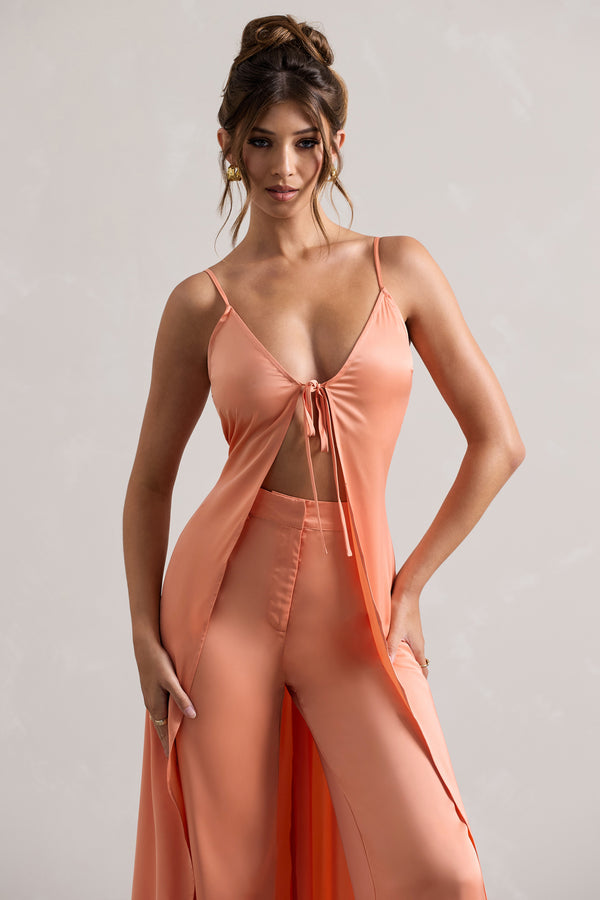 Club L Calvi Peach Satin Longline Cami Top With Split Front