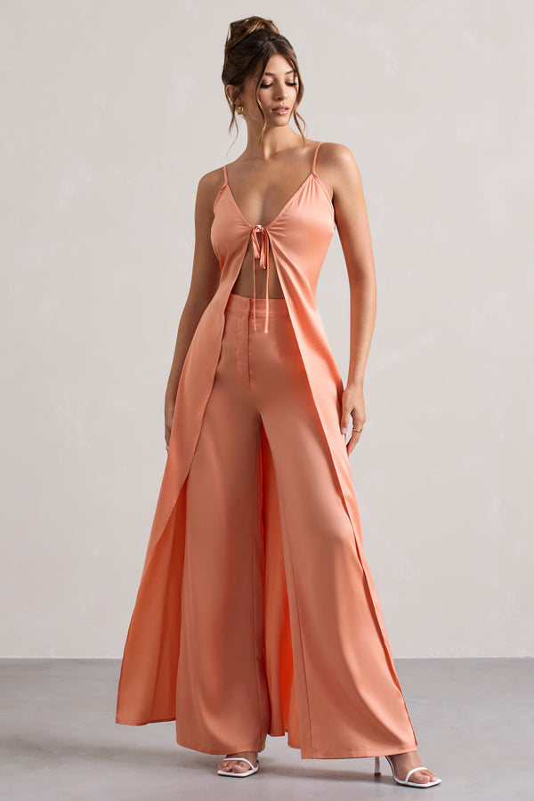 Club L Calvi Peach Satin Longline Cami Top With Split Front