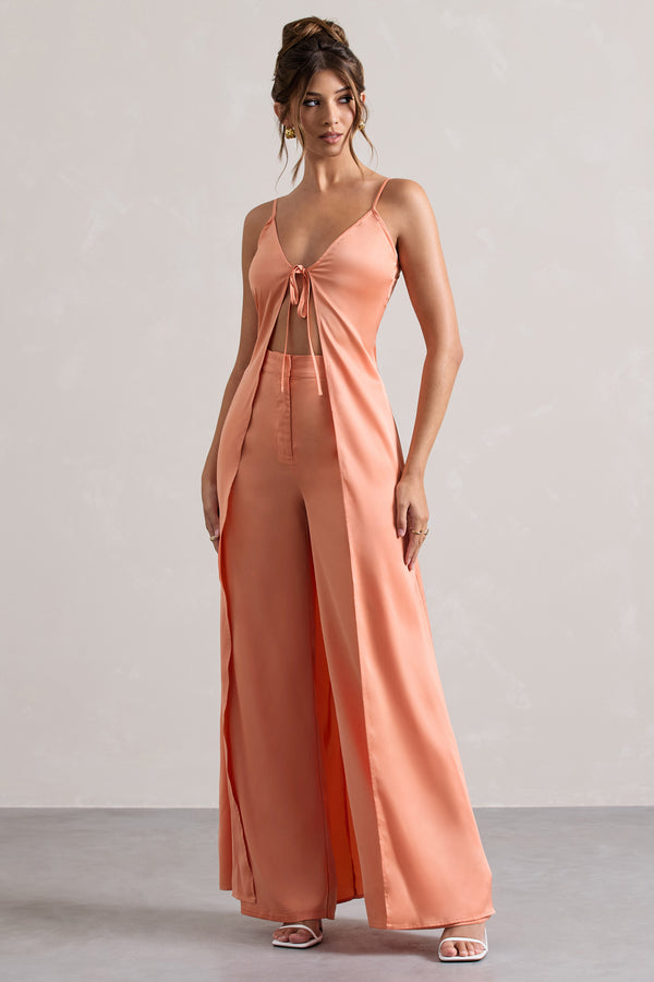 club l Calvi Peach Satin Longline Cami Top With Split Front