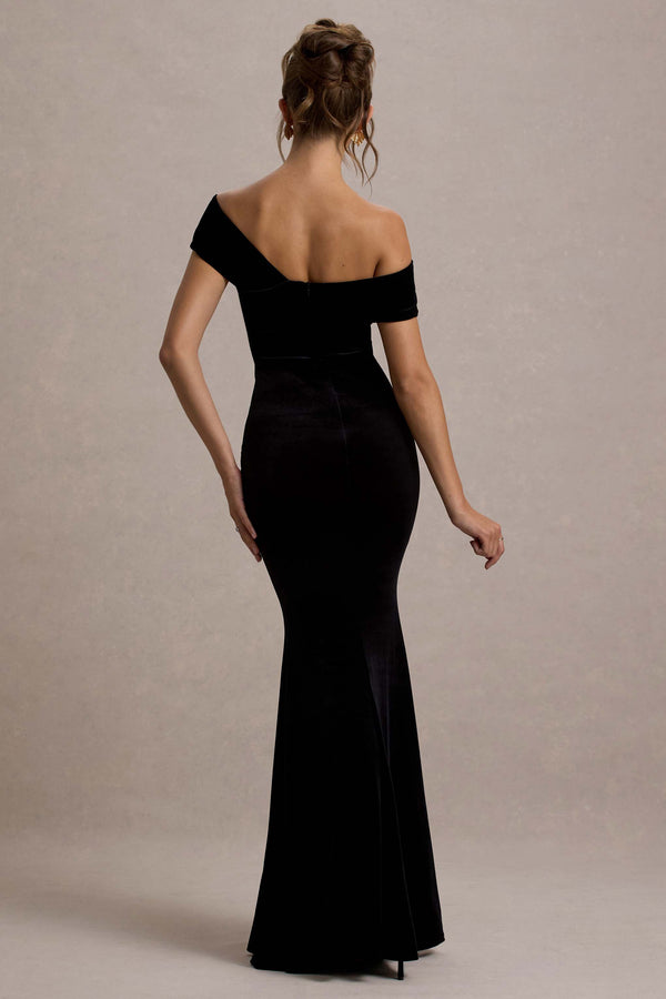Club L Candela Black Velvet Asymmetric Bardot Maxi Dress