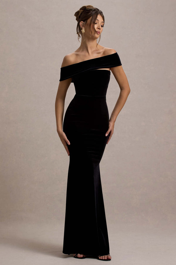 club l Candela Black Velvet Asymmetric Bardot Maxi Dress