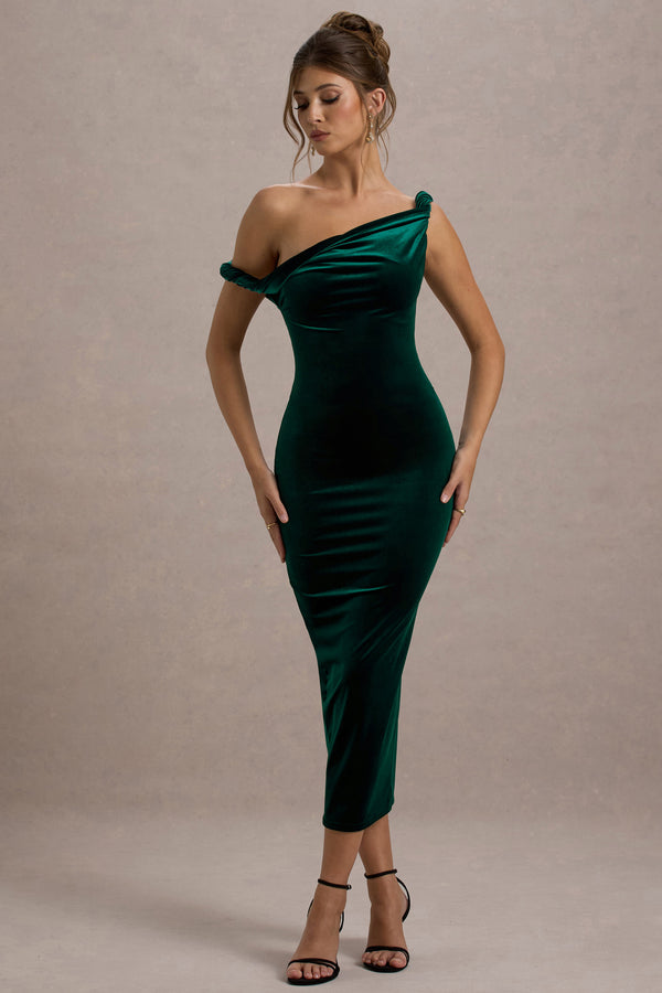 Club L Carella Bottle Green Velvet Twisted Asymmetric Midi Dress