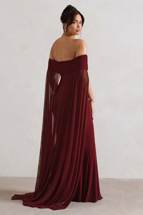 Club L Carlotta Berry Bardot Maxi Dress With Chiffon Cape