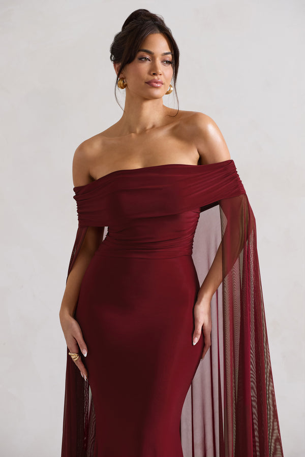 Club L Carlotta Berry Bardot Maxi Dress With Chiffon Cape