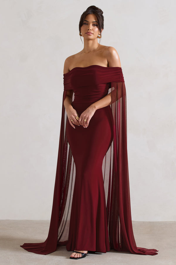 Club L Carlotta Berry Bardot Maxi Dress With Chiffon Cape