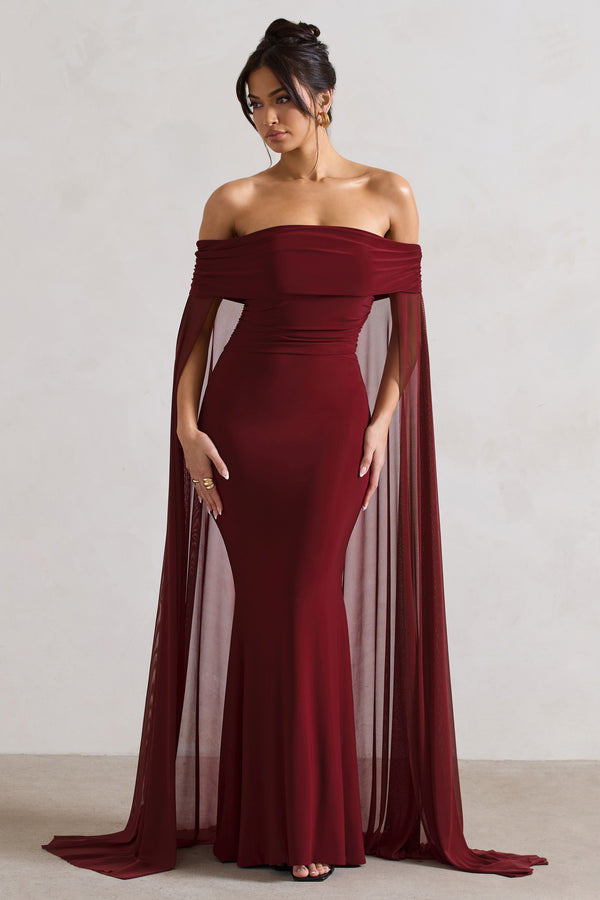 club l Carlotta Berry Bardot Maxi Dress With Chiffon Cape