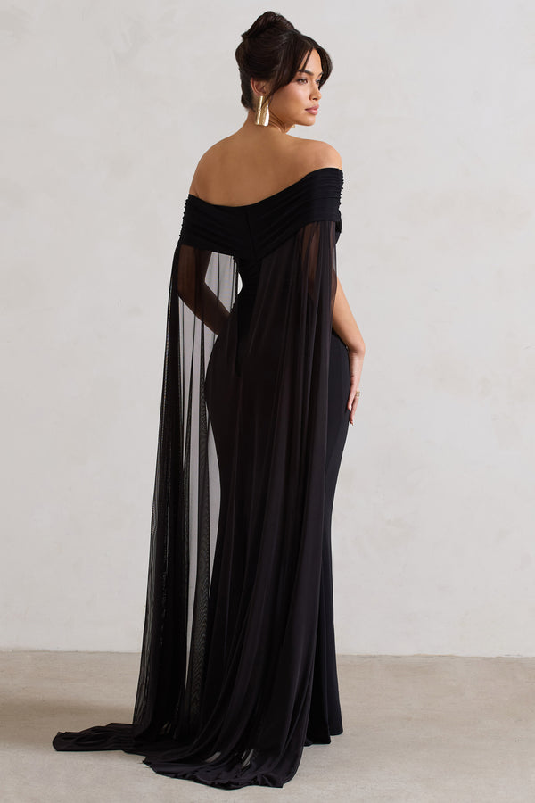Club L Carlotta Black Bardot Maxi Dress With Chiffon Cape