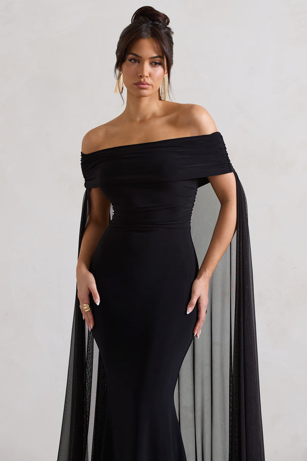 Club L Carlotta Black Bardot Maxi Dress With Chiffon Cape