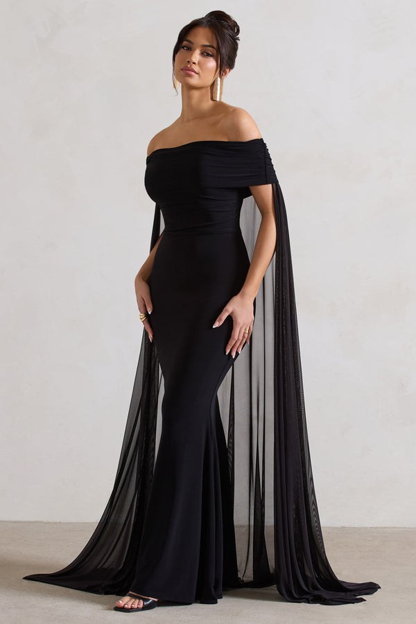 Club L Carlotta Black Bardot Maxi Dress With Chiffon Cape