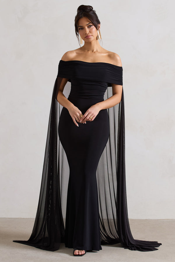 club l Carlotta Black Bardot Maxi Dress With Chiffon Cape