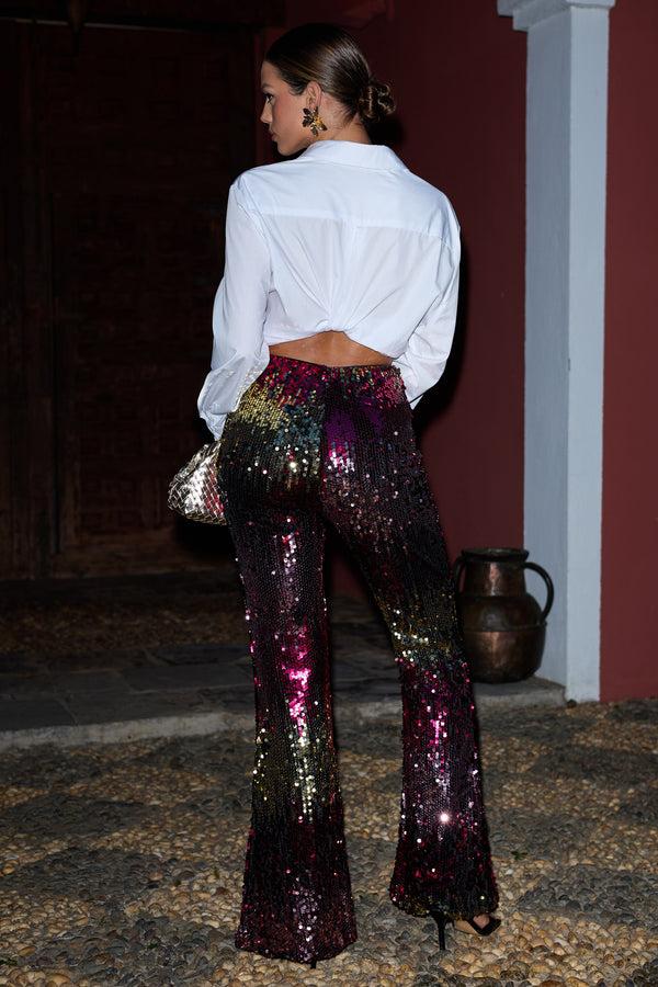 Club L Carnival Pink & Gold Sequin Flared-Leg Trousers