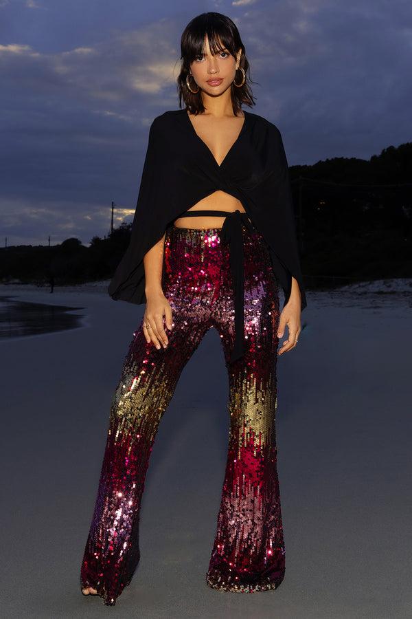 Club L Carnival Pink & Gold Sequin Flared-Leg Trousers