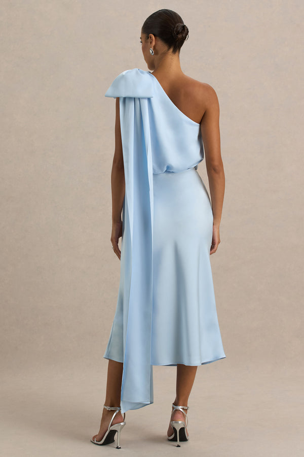 Club L Celestia Powder Blue Satin Asymmetric-Neck Midi Dress With Cape Detail