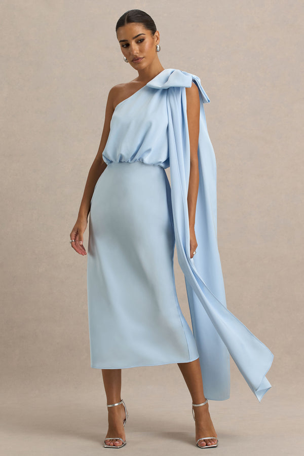 Club L Celestia Powder Blue Satin Asymmetric-Neck Midi Dress With Cape Detail