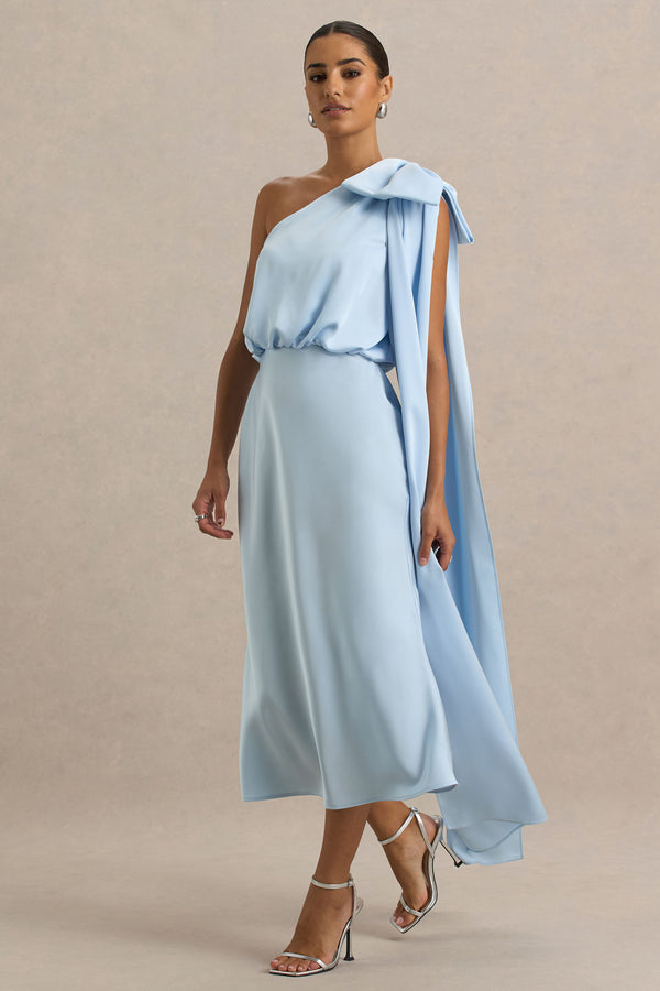 Club L Celestia Powder Blue Satin Asymmetric-Neck Midi Dress With Cape Detail