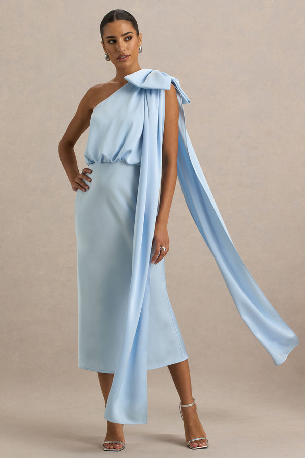 club l Celestia Powder Blue Satin Asymmetric-Neck Midi Dress With Cape Detail