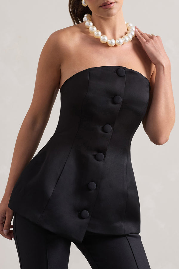 Club L Century Black Satin Strapless Button Front Corset Top