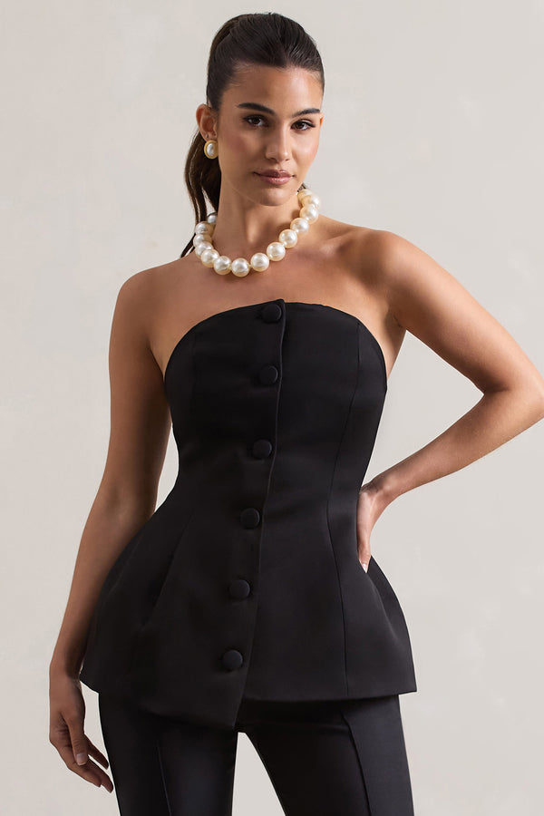 Club L Century Black Satin Strapless Button Front Corset Top