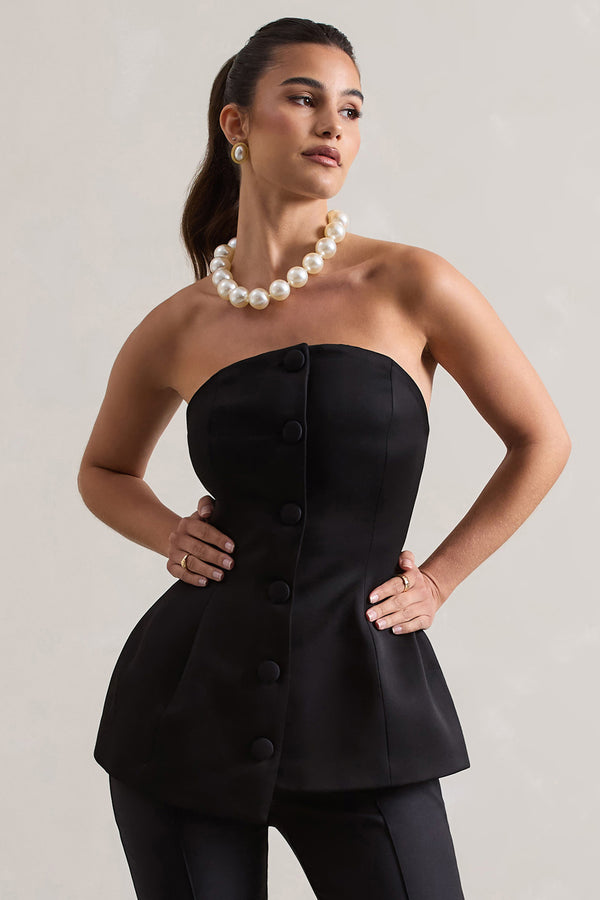 club l Century Black Satin Strapless Button Front Corset Top