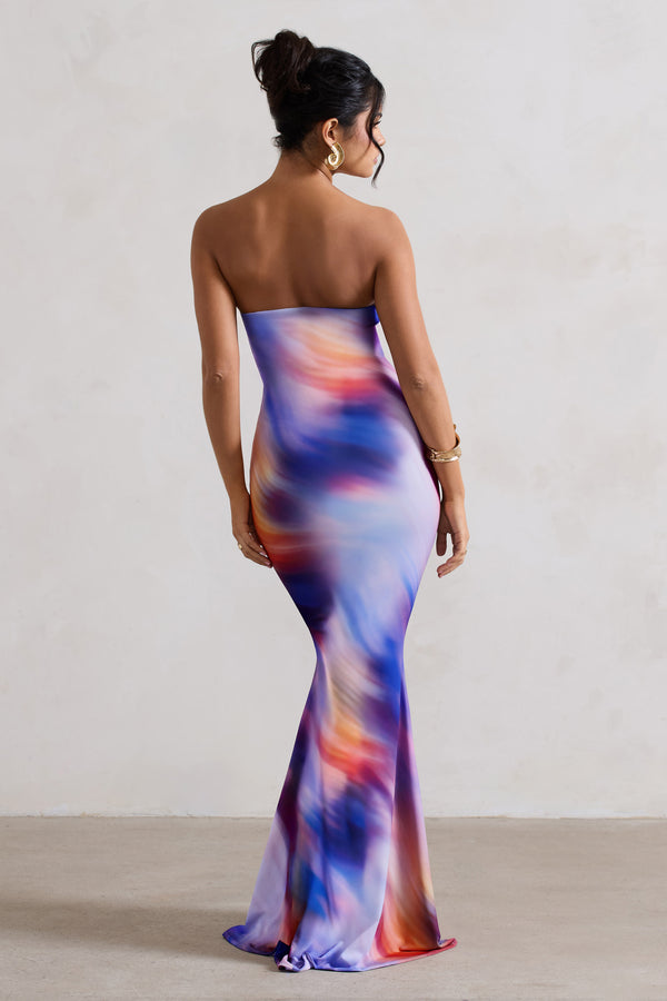 Club L Ceremony Abstract Print Bandeau Fishtail Maxi Dress