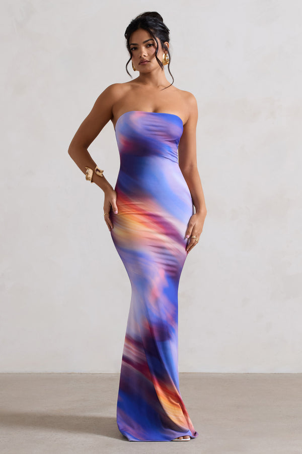 Club L Ceremony Abstract Print Bandeau Fishtail Maxi Dress